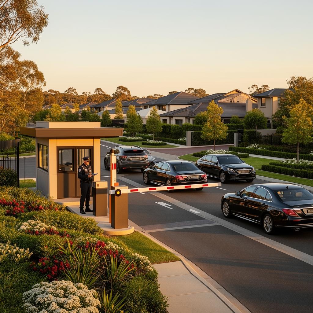 Upmarket residential estate entrance with multi-lane vehicle access and security guard